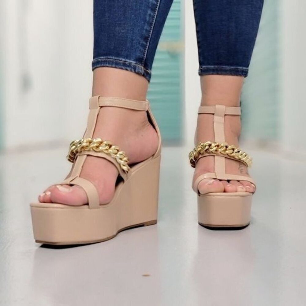 Nude Open Toe High Platform Wedge Sandals with Gold Chain - Picture 3 of 4